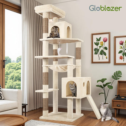 Heavy Duty Cat Tree Tower, 70Inch Sturdy Cat Tree for Indoor Cats Sturdy Large Cat Tower with Scratching Post and Scratching Board, Hammock, Cat Condo for Adult Cats Kittens, F70 Pro, Beige