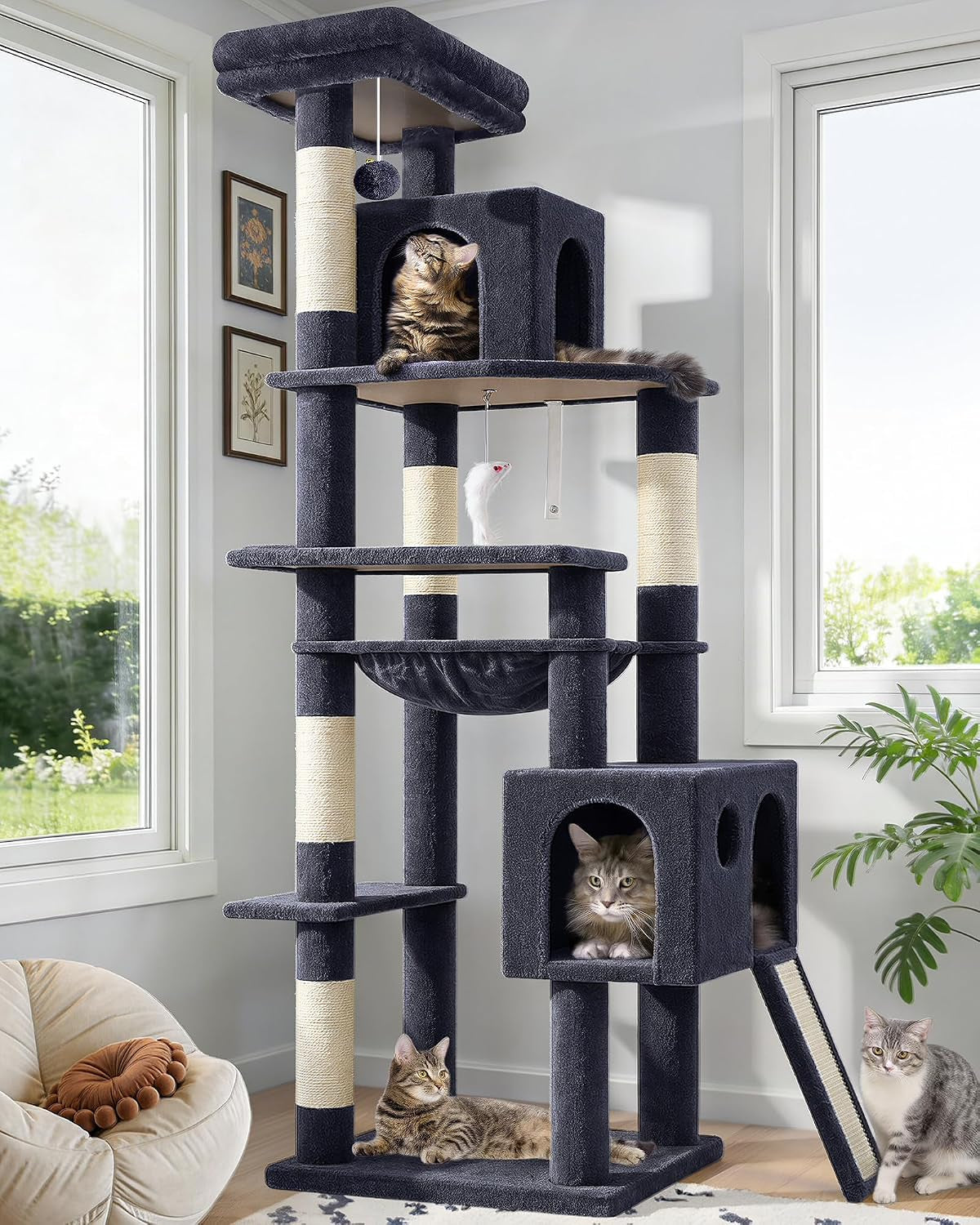 Heavy Duty Cat Tree, 70 Inch Sturdy Cat Tree for Indoor Cats Extra Large Cat Tower with Scratching Post, Hammock, Cat Condo for Adult Cats Kittens, F70 Pro, Dark Grey