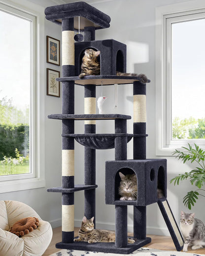 Heavy Duty Cat Tree, 70 Inch Sturdy Cat Tree for Indoor Cats Extra Large Cat Tower with Scratching Post, Hammock, Cat Condo for Adult Cats Kittens, F70 Pro, Dark Grey