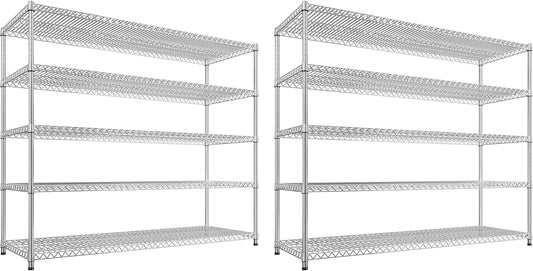 55.5" W Storage Shelves 3200LBS Metal Shelving 5 Tier Wire Shelving Garage Shelving Heavy Duty Metal Shelves for Shelving Unit Commercial Adjustable Shelf, 55.5" W X 18''D X 71" H，Chrome,2P