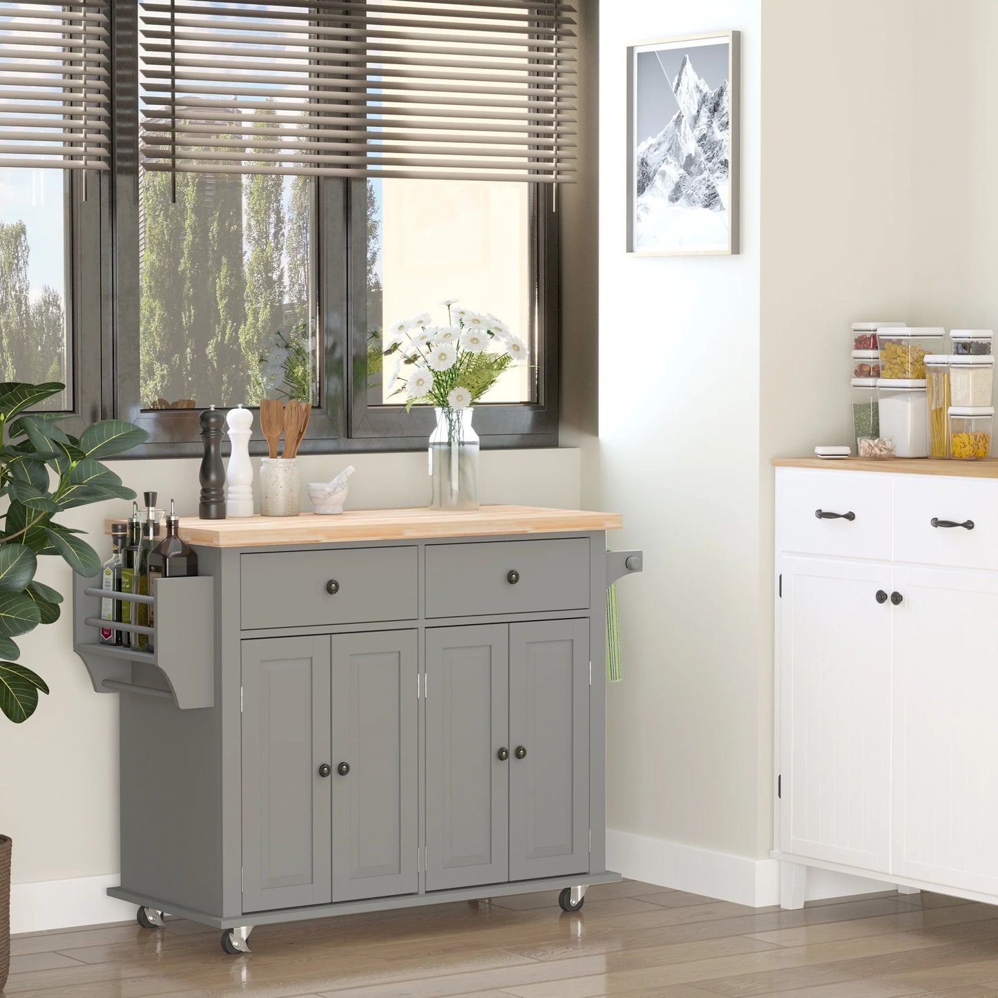 Kitchen Island on Wheels, Rolling Cart with Rubber Wood Top, Spice Rack, Towel Rack & Drawers for Dining Room, Gray