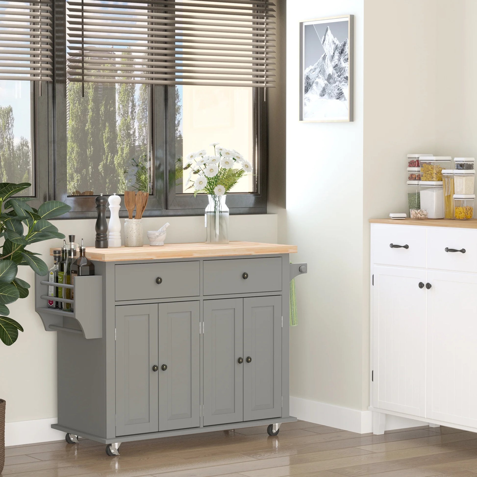 Kitchen Island on Wheels, Rolling Cart with Rubber Wood Top, Spice Rack, Towel Rack & Drawers for Dining Room, Gray