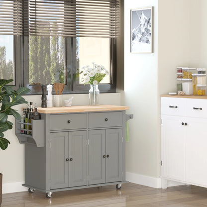 Kitchen Island on Wheels, Rolling Cart with Rubber Wood Top, Spice Rack, Towel Rack & Drawers for Dining Room, Gray