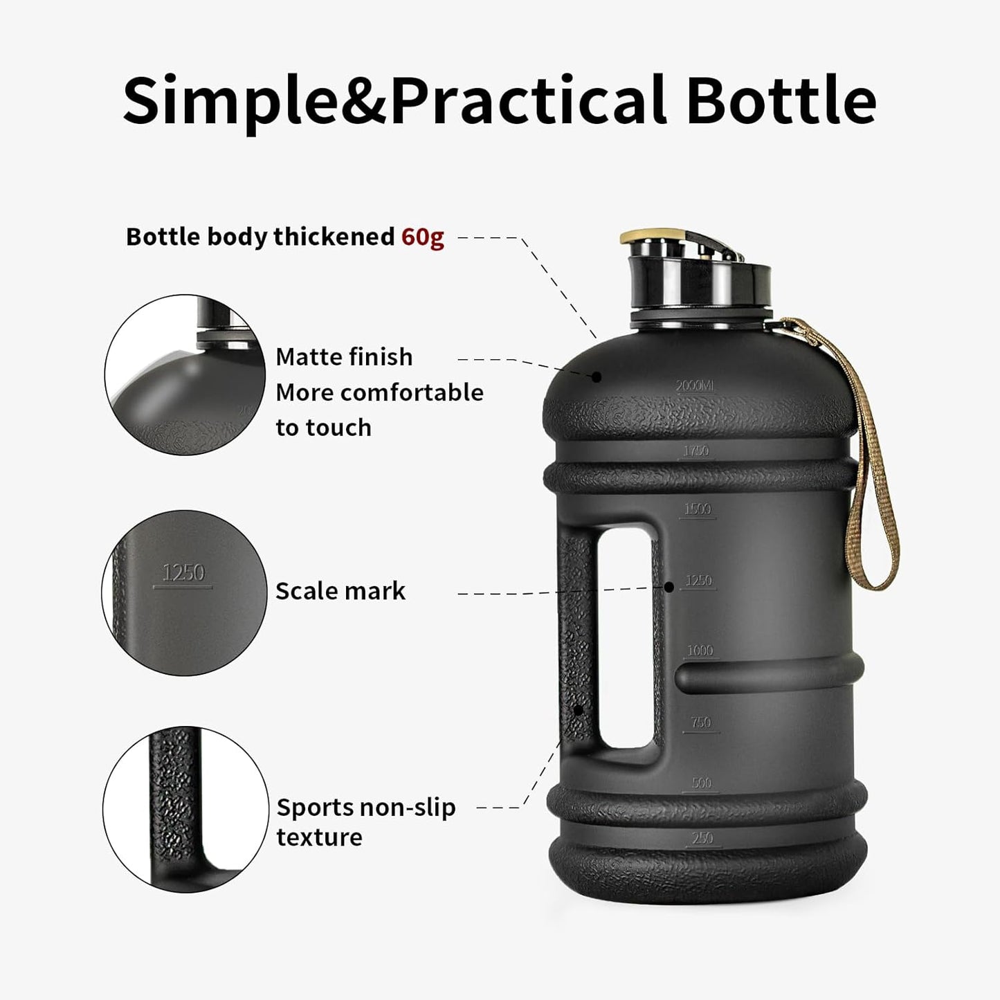 2 Liter Water Bottles - Half Gallon Water Bottle BPA Free - Ideal for Gym, Big Water Jug, Reusable Sports Bottle with Measurements Marked Drink Container (2.2L 74Oz Matte Black Water Jugs) | Half Gallon