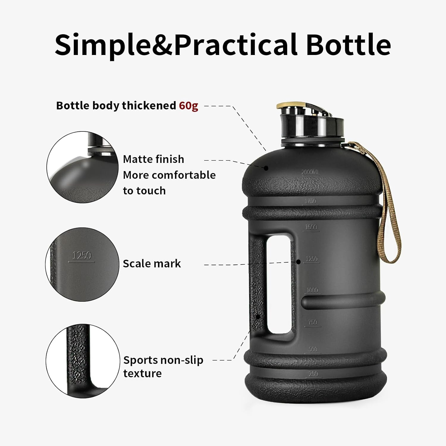 2 Liter Water Bottles - Half Gallon Water Bottle BPA Free - Ideal for Gym, Big Water Jug, Reusable Sports Bottle with Measurements Marked Drink Container (2.2L 74Oz Matte Black Water Jugs) | Half Gallon