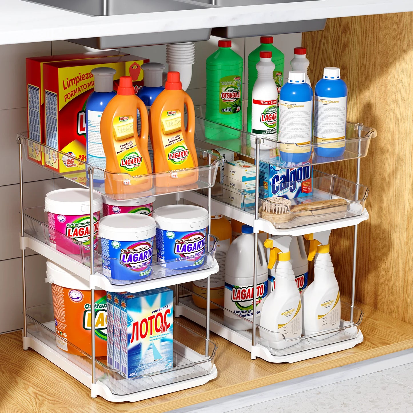 2-Pack 3-Tier Pull-Out under Sink Organizer, Stackable Sliding Storage Shelves for Bathroom Kitchen Pantry, White