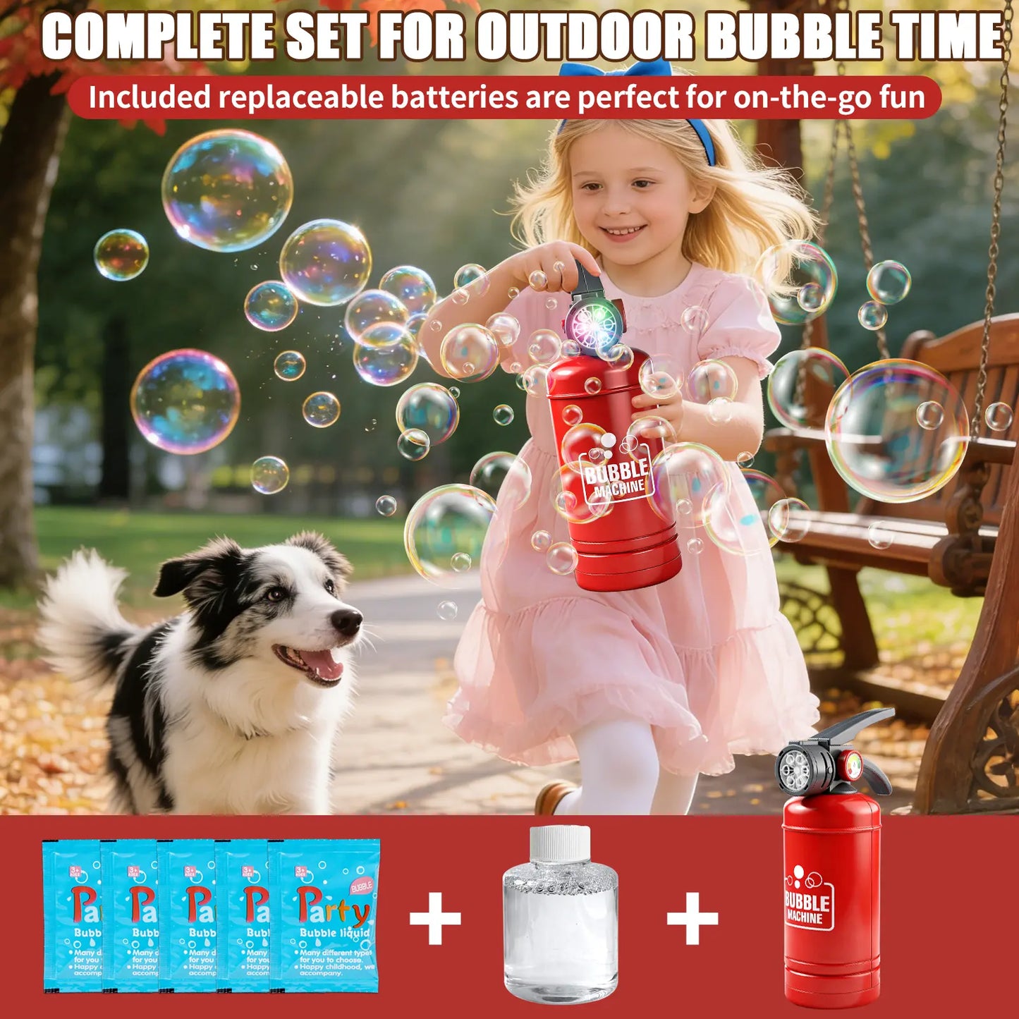 Fire Extinguisher Bubble Machine for Kids, LED Automatic Bubble Blower Toy with Bubble Solution and Refill Packets
