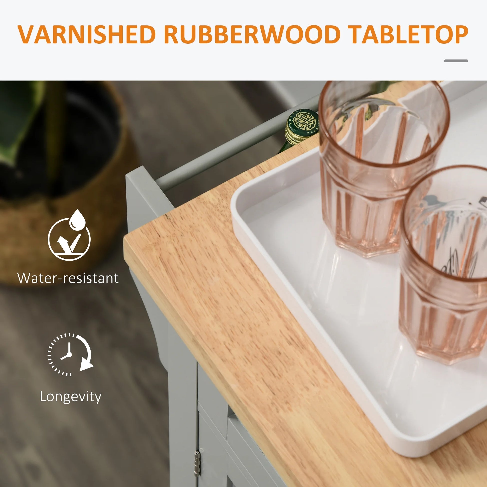 Kitchen Island on Wheels, Rolling Cart with Rubber Wood Top, Spice Rack, Towel Rack & Drawers for Dining Room, Gray