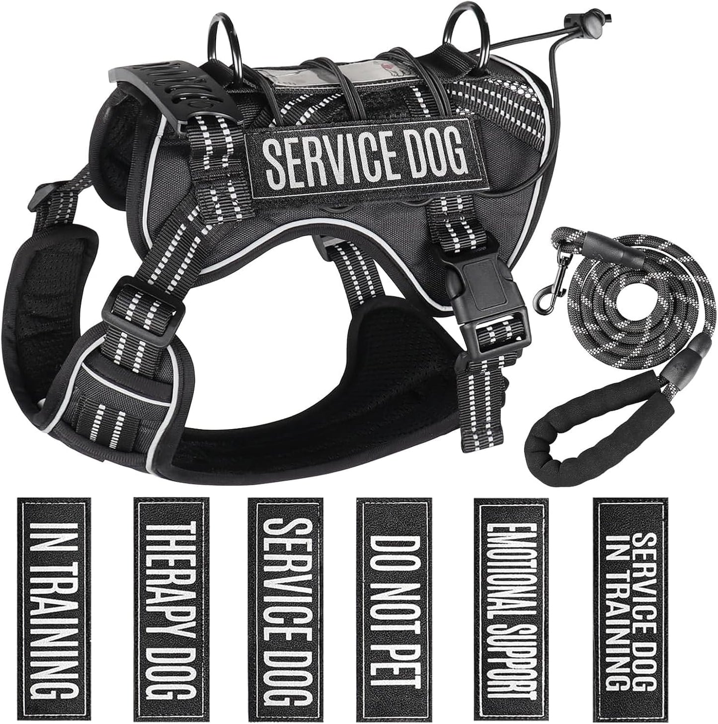 Service Dog Tactical Vest Harness and Leash Set Large Sized Dog Emotional Support- Tactical Dog Harness Training Collar with Name (Black, L)