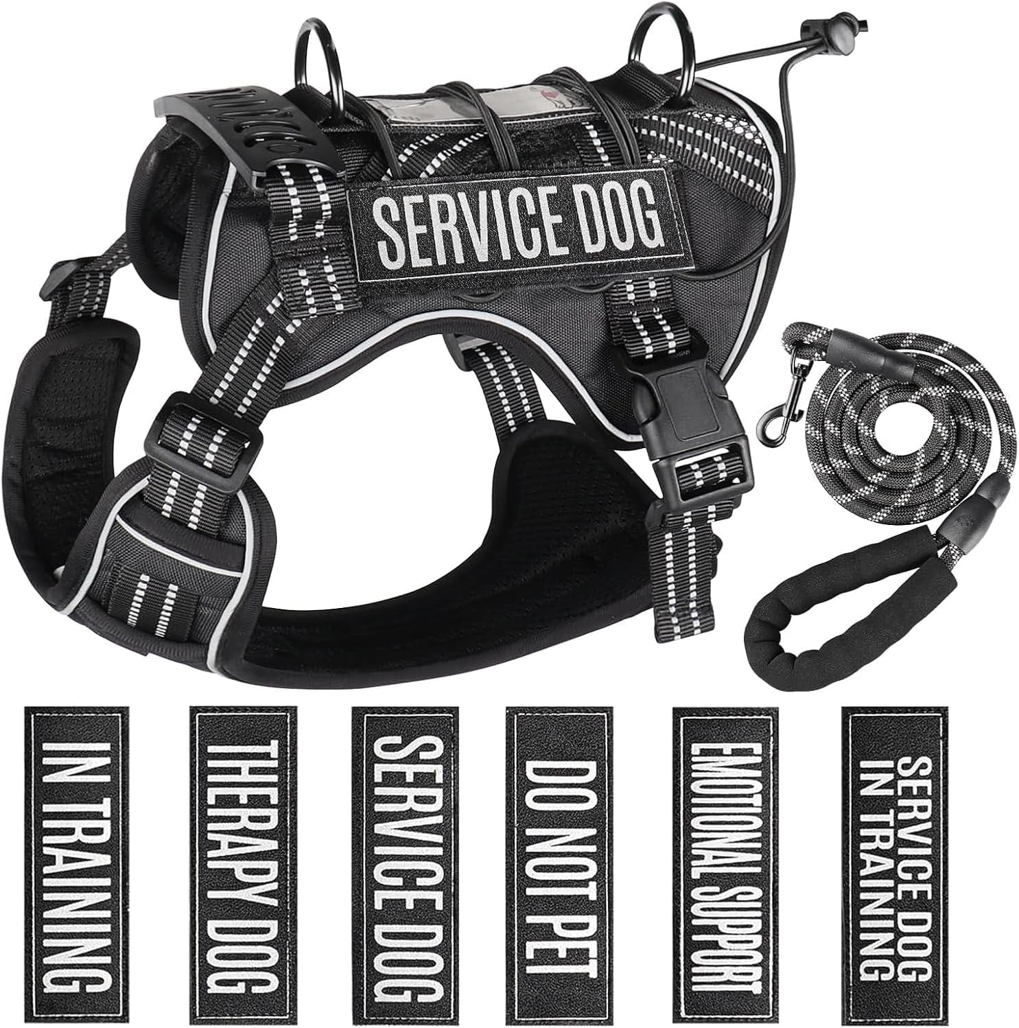 Service Dog Tactical Vest Harness and Leash Set Large Sized Dog Emotional Support- Tactical Dog Harness Training Collar with Name (Black, L)