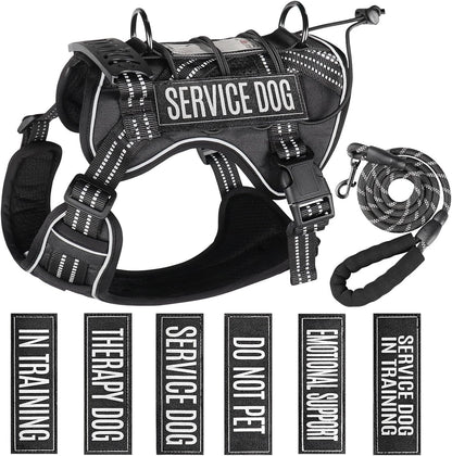 Service Dog Tactical Vest Harness and Leash Set Large Sized Dog Emotional Support- Tactical Dog Harness Training Collar with Name (Black, L)