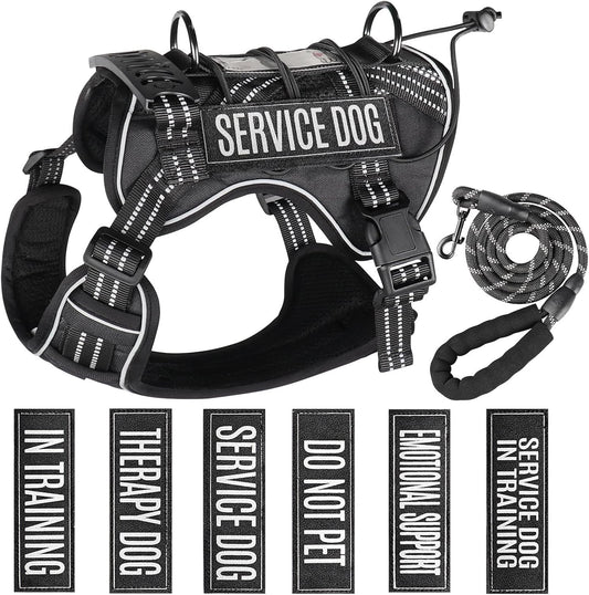 Service Dog Tactical Vest Harness and Leash Set Large Sized Dog Emotional Support- Tactical Dog Harness Training Collar with Name (Black, L)