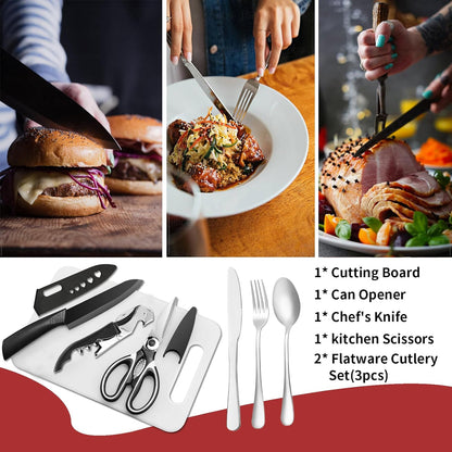 Portable Camping Kitchen Utensil Set-27 Piece Cookware Kit, Stainless Steel Outdoor Cooking and Grilling Utensil Organizer Travel Set Perfect for Travel, Picnics, Rvs, Camping, Bbqs, Parties and More
