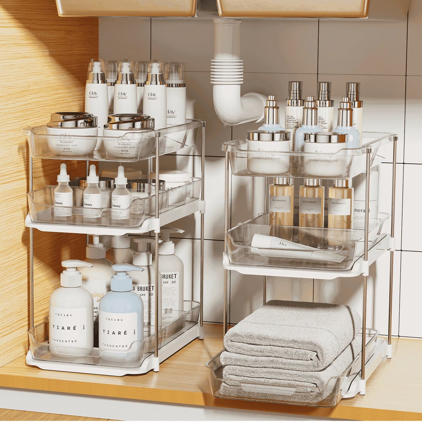2-Pack 3-Tier Pull-Out under Sink Organizer, Stackable Sliding Storage Shelves for Bathroom Kitchen Pantry, White