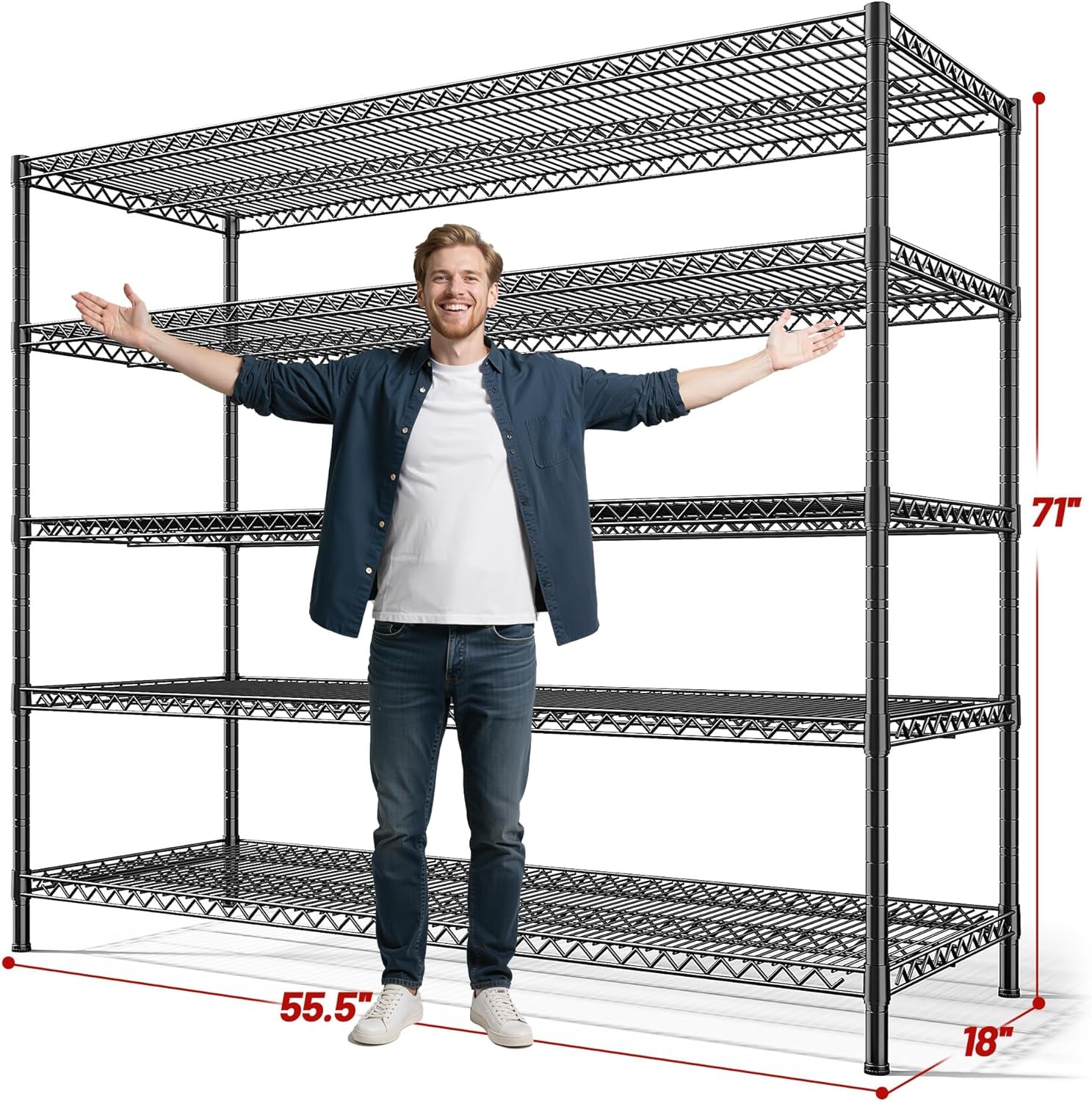 3200LBS Storage Shelves 55.5" W Garage Shelving Heavy Duty 5 Tier Adjustable Wire Shelving Unit Metal Shelving for Garage Pantry Commercial Basement,55.5" W X 18''D X 71" H
