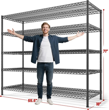 3200LBS Storage Shelves 55.5" W Garage Shelving Heavy Duty 5 Tier Adjustable Wire Shelving Unit Metal Shelving for Garage Pantry Commercial Basement,55.5" W X 18''D X 71" H