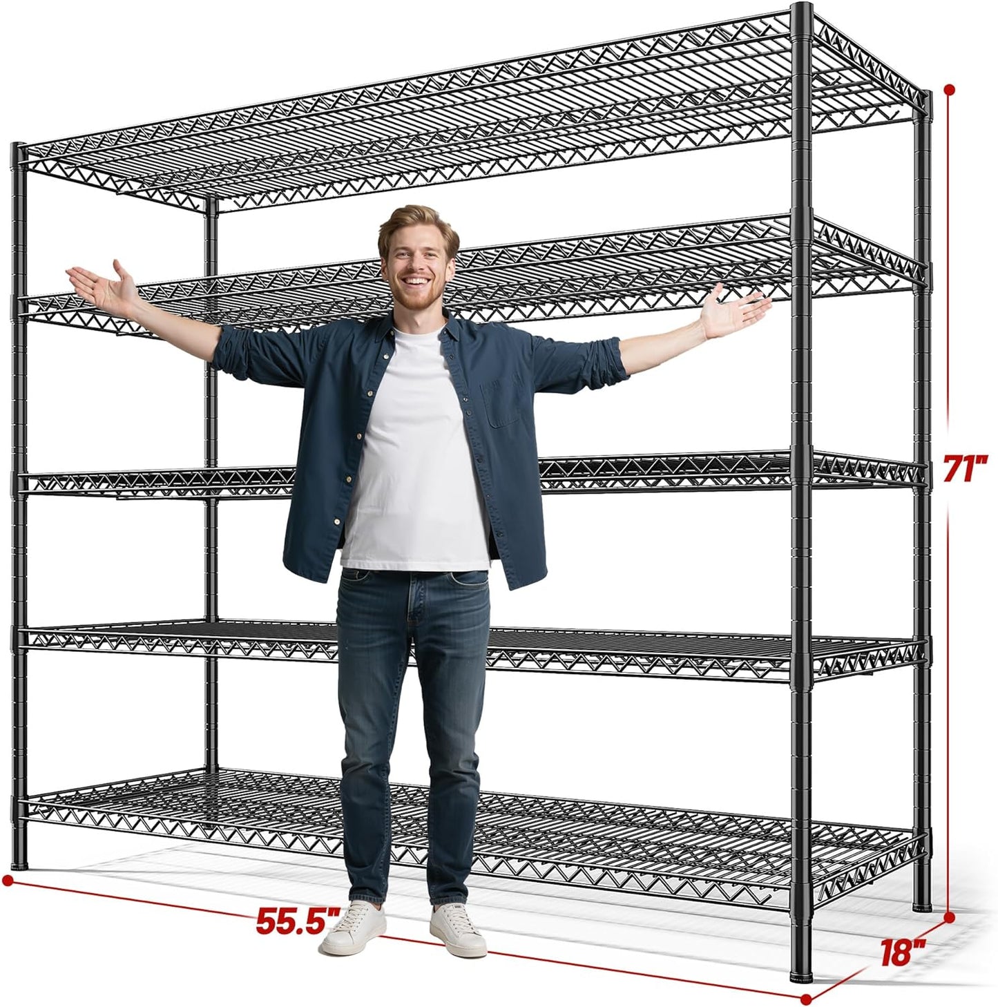 55.5" W Storage Shelves 3200LBS Wire Shelving Unit 5 Tier Metal Shelving Heavy Duty Garage Shelving Metal Shelves for Storage Rack Adjustable Pantry Shelf, 55.5" W X 18''D X 71" H, 3PCS