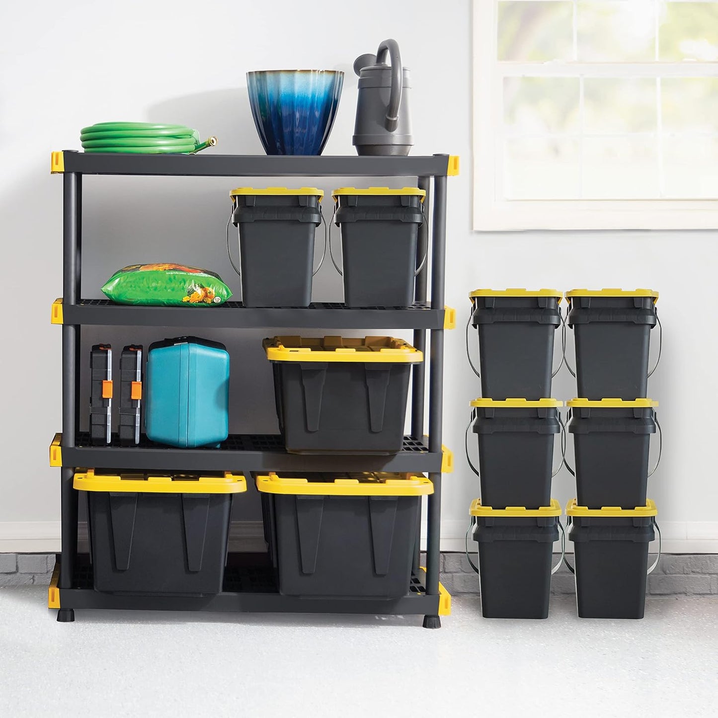 Black & YELLOW, Shelving Unit and Heavy Duty Storage Containers, Extremely Durable (Shelf + 27 Gallon Container (4-Pack))