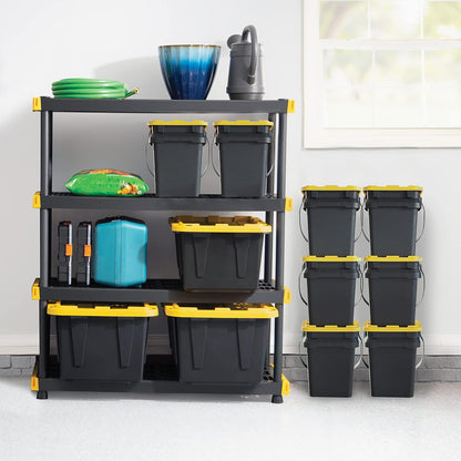 Black & YELLOW, Shelving Unit and Heavy Duty Storage Containers, Extremely Durable (Shelf + 27 Gallon Container (4-Pack))