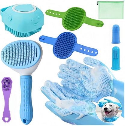 9-In-1 Pet Grooming Kit:Deshedding Brushs,Massage Gloves Brush,Silicone Finger Toothbrushes,Shampoo Bath Brushs,Slicker Brush – Complete Grooming Set for Dogs, Cats, and Small Animals