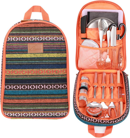 Portable Camping Kitchen Utensil Set-27 Piece Cookware Kit, Stainless Steel Outdoor Cooking and Grilling Utensil Organizer Travel Set Perfect for Travel, Picnics, Rvs, Camping, Bbqs, Parties and More