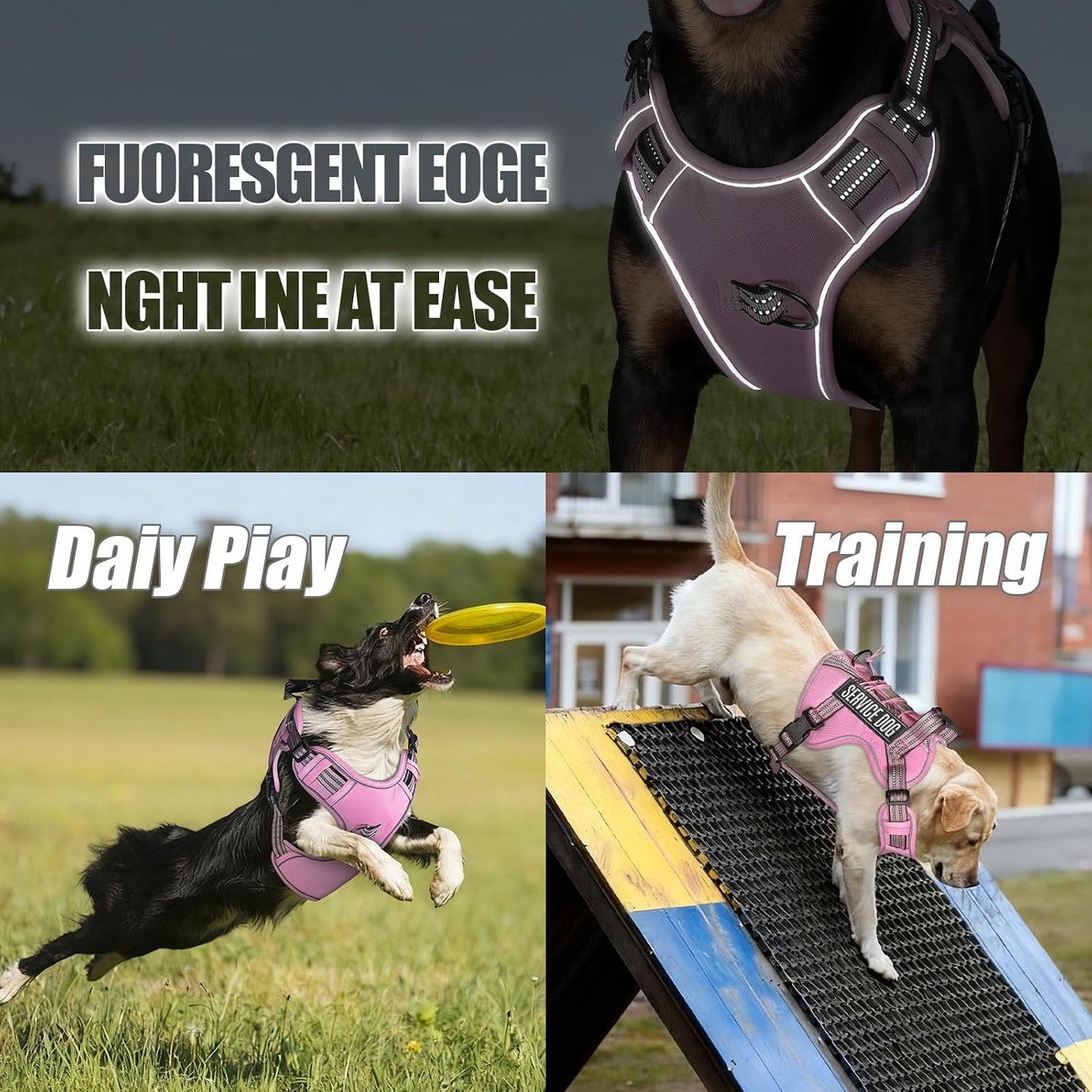 Service Dog Tactical Vest Harness and Leash Set Large Sized Dog Emotional Support- Tactical Dog Harness Training Collar with Name (Pink, L)