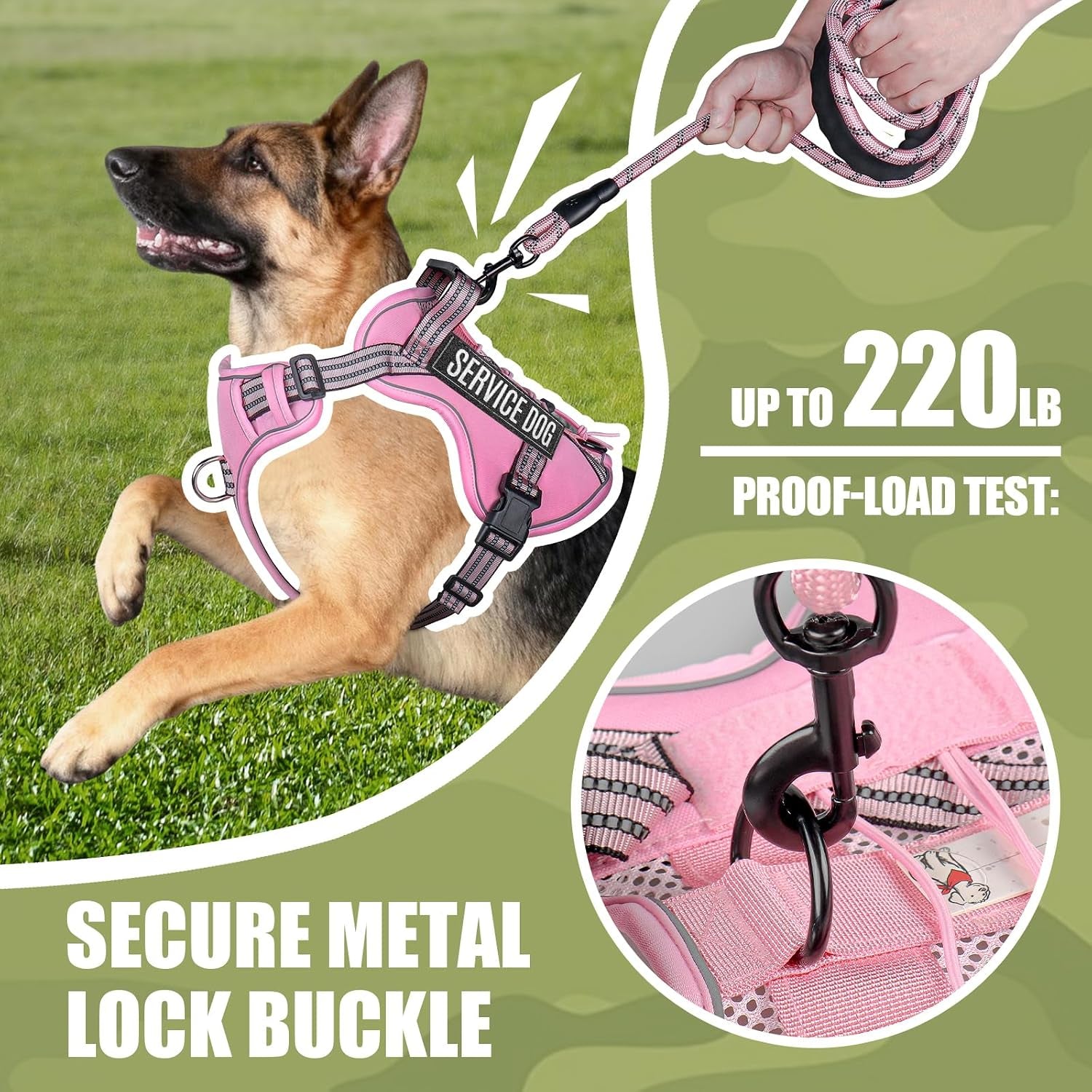 Service Dog Tactical Vest Harness and Leash Set Large Sized Dog Emotional Support- Tactical Dog Harness Training Collar with Name (Pink, L)