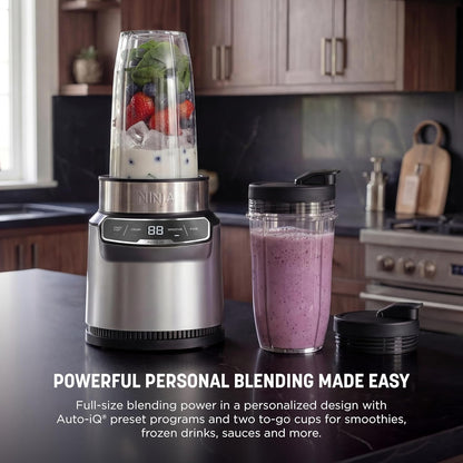 Ninja Nutri-Blender Pro with Auto Iq, 1100PW, (2) 24Oz Cups, BN401 | 1100-Peak-Watt Motor + 2 Auto-Iq Programs for Smoothies, Salsa & Dips. (2) 24-Oz To-Go Cups. Dishwasher Safe.