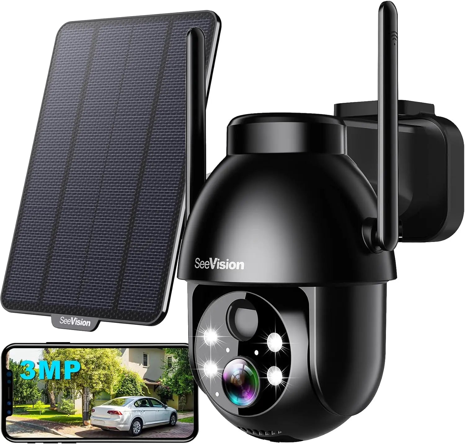 Seevision Solar WIFI Security Camera with Spotlight, 1080P HD Clear Picture,Pir Motion Detection, Color Night Vision, Waterproof Black White Security Camera