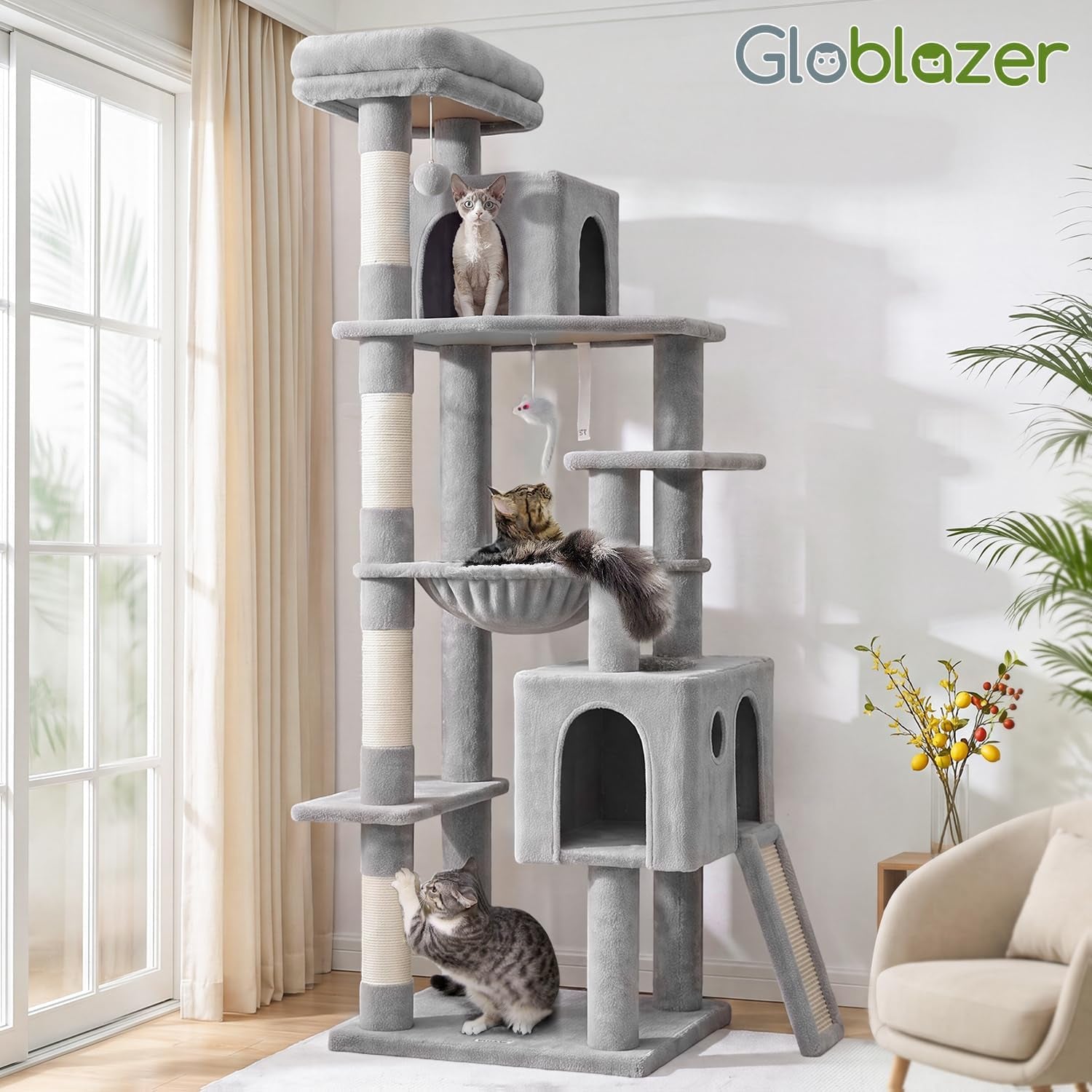 Heavy Duty Cat Tree, 70 Inch Sturdy Cat Tree for Indoor Cats Extra Large Cat Tower with Scratching Post, Hammock, Cat Condo for Adult Cats Kittens, F70 Pro, Light Grey