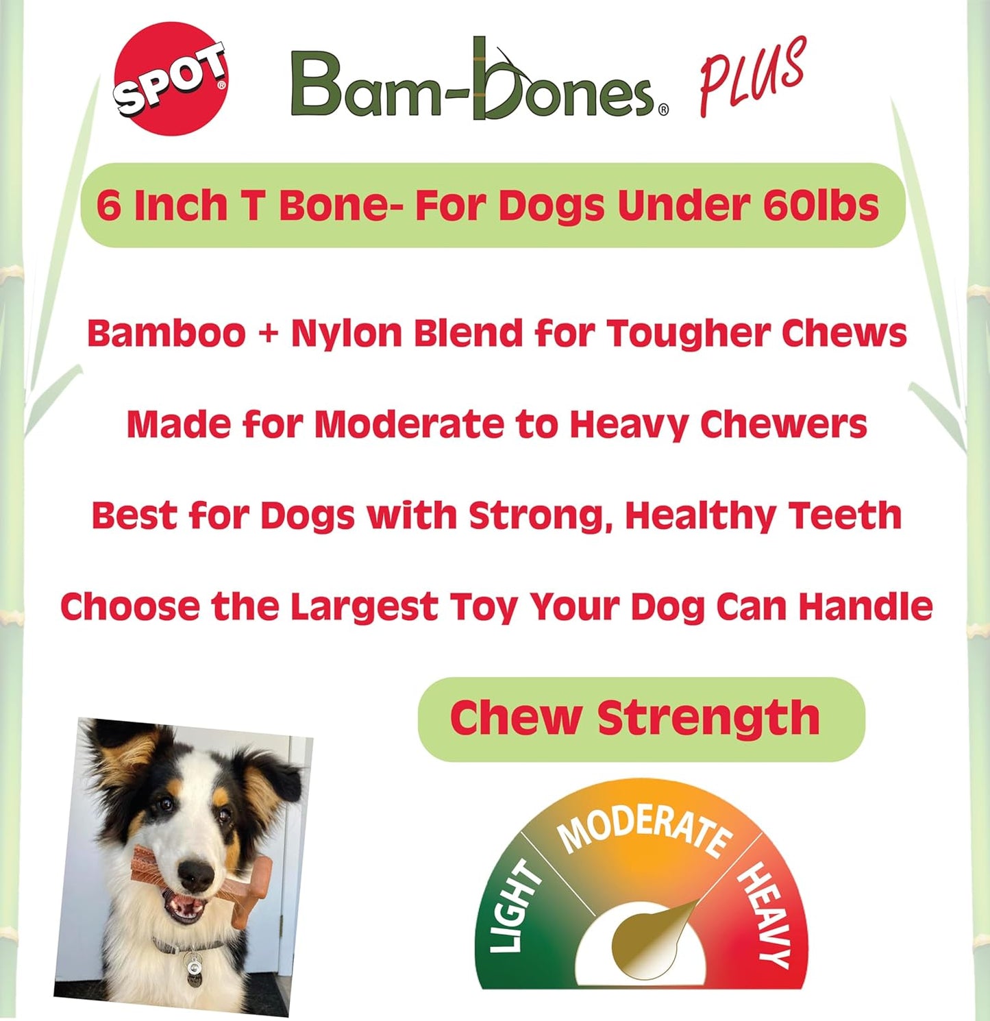 Bam-Bones plus T Bone - Bamboo Fiber & Nylon, Durable Long Lasting Dog Chew for Aggressive Chewers – Toy for Dogs & Puppies under 60Lbs, Non-Splintering, 6In, Allergen Free Peanut Butter Flavor