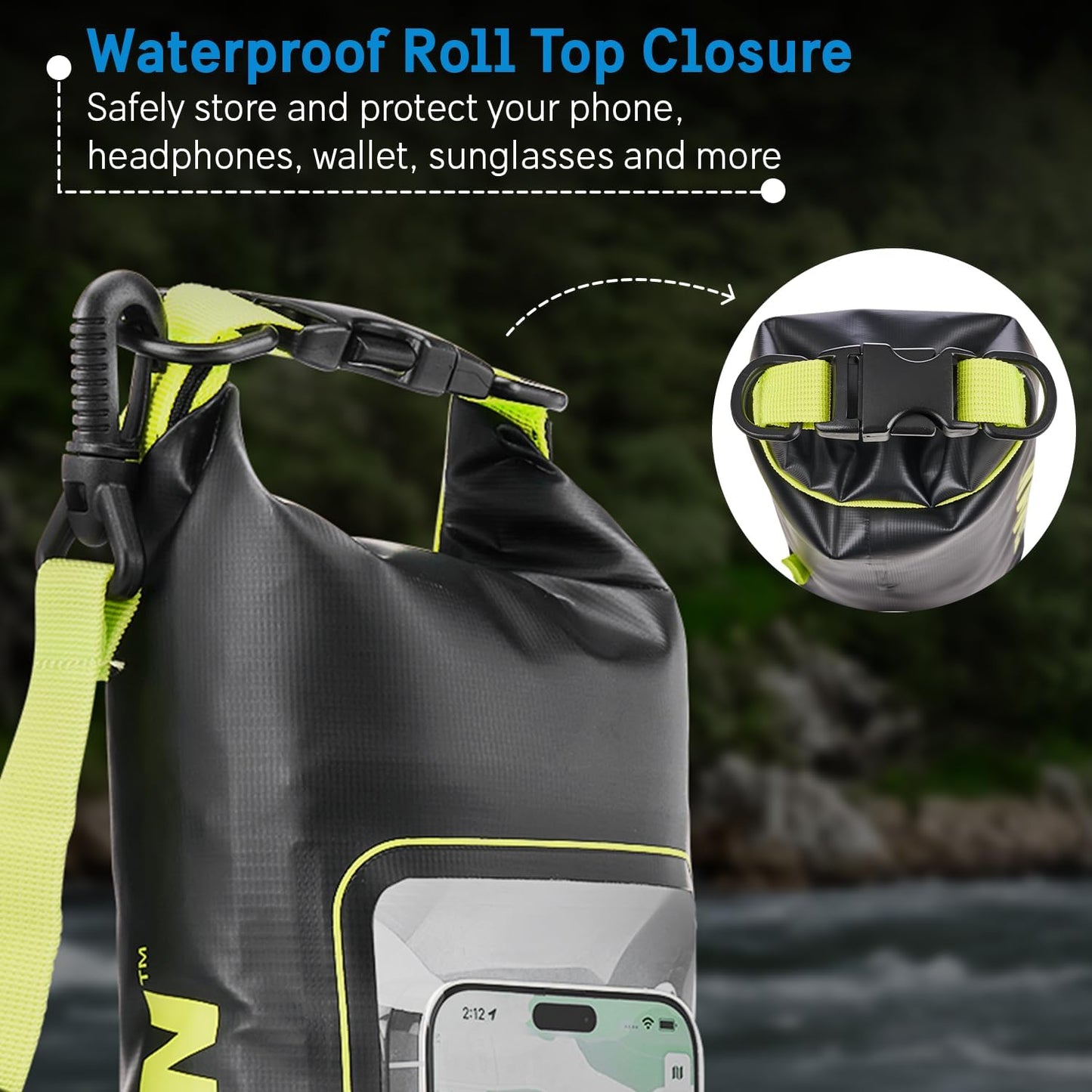 Pelican Marine IP68 Waterproof Dry Bag 2L W/Phone Pouch/Case - Black/Yellow | Roll Top Waterproof Backpack with Touchscreen Phone Pouch - Swimming, Kayaking, Camping, Rafting, Fishing & Travel Essentials