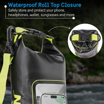 Pelican Marine IP68 Waterproof Dry Bag 2L W/Phone Pouch/Case - Black/Yellow | Roll Top Waterproof Backpack with Touchscreen Phone Pouch - Swimming, Kayaking, Camping, Rafting, Fishing & Travel Essentials