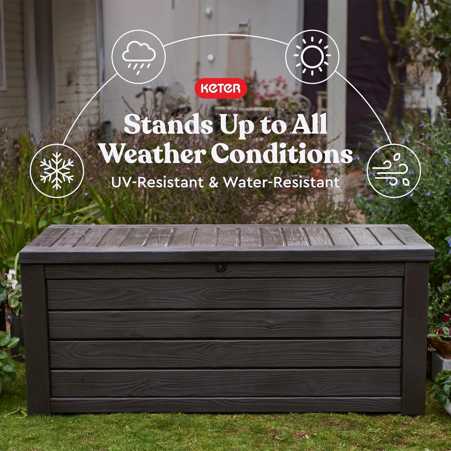 Keter 150 Gallon Resin Large Deck Box Organization and Storage Box for Patio, Outdoor Cushions, Garden Tools, Brown | Brown, Resin, Large, Weatherproof, Lockable, Hydraulic Pistons, Easy Assembly, Organization, Patio Cushions Storage