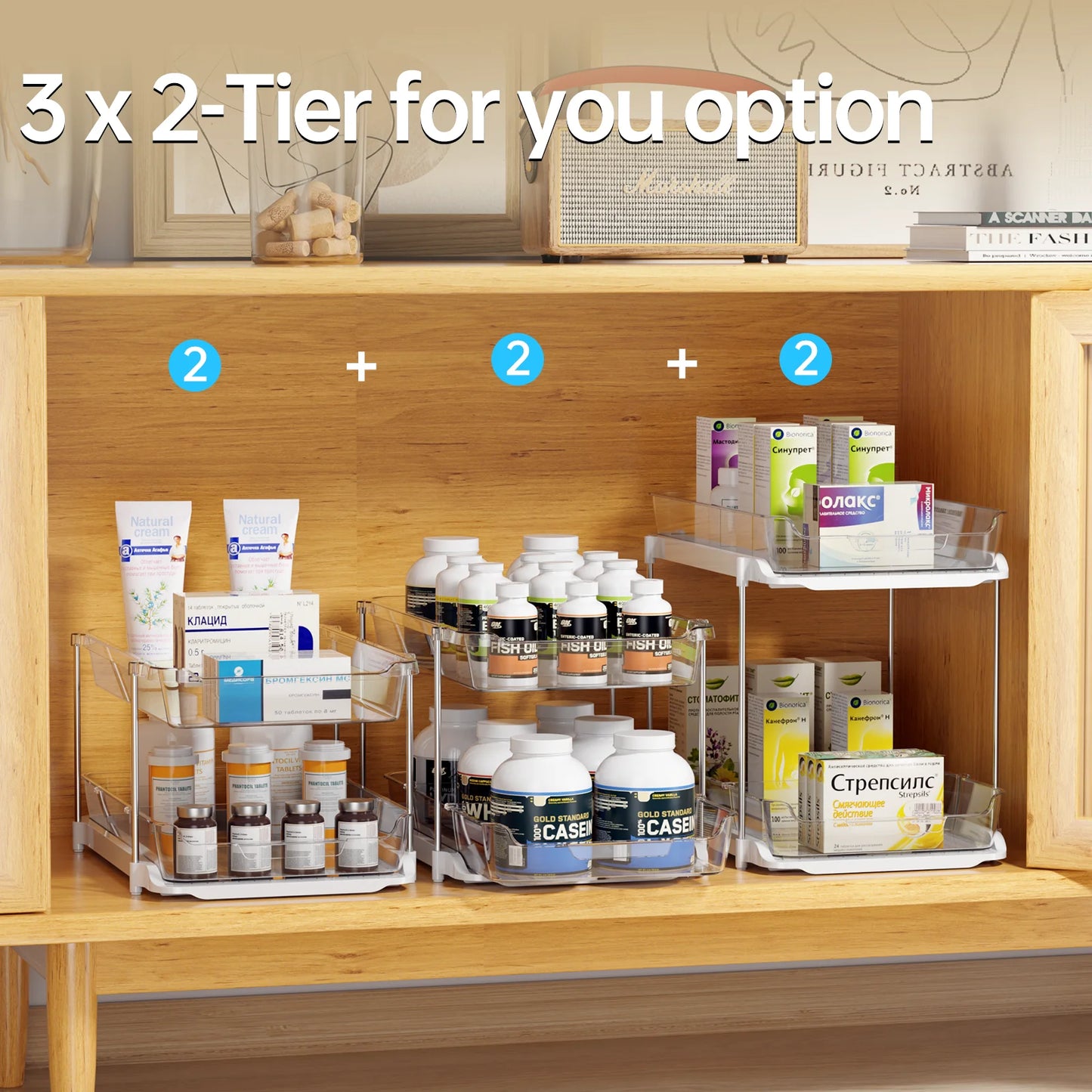 2-Pack 3-Tier Pull-Out under Sink Organizer, Stackable Sliding Storage Shelves for Bathroom Kitchen Pantry, White