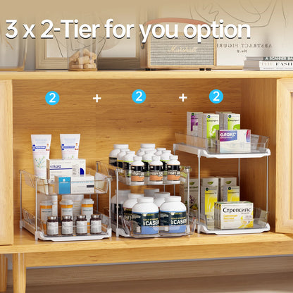 2-Pack 3-Tier Pull-Out under Sink Organizer, Stackable Sliding Storage Shelves for Bathroom Kitchen Pantry, White