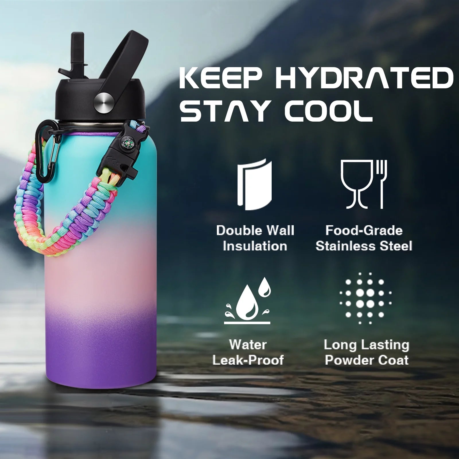 32Oz Water Bottles with Straw & Spout Lid, Paracord Handle, Strap Carrier Bag & Bottle Boot, Metal Water Bottles Keep Cold-48H Hot-24H
