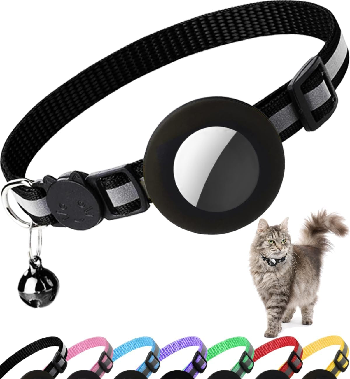 Airtag Cat Collar Breakaway, Cat Collar with Air Tag Holder(Black) | Safety Breakaway Buckle, Reflective Strip, Lightweight, Bell, 0.4 Inches in Width, Adjustable Size to Fit Different Cats