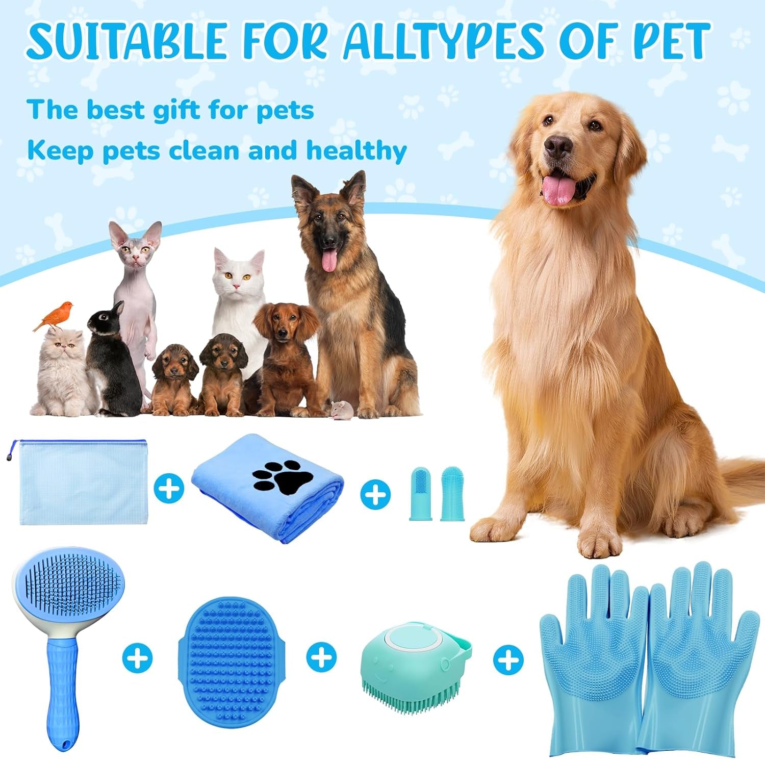 Ultimate 8-Piece Dog Grooming Kit – Essential Grooming Supplies for Dogs and Cats with Deshedding Brush, Bath Gloves, Towels & Silicone Toothbrush – Perfect for All Pet Sizes!