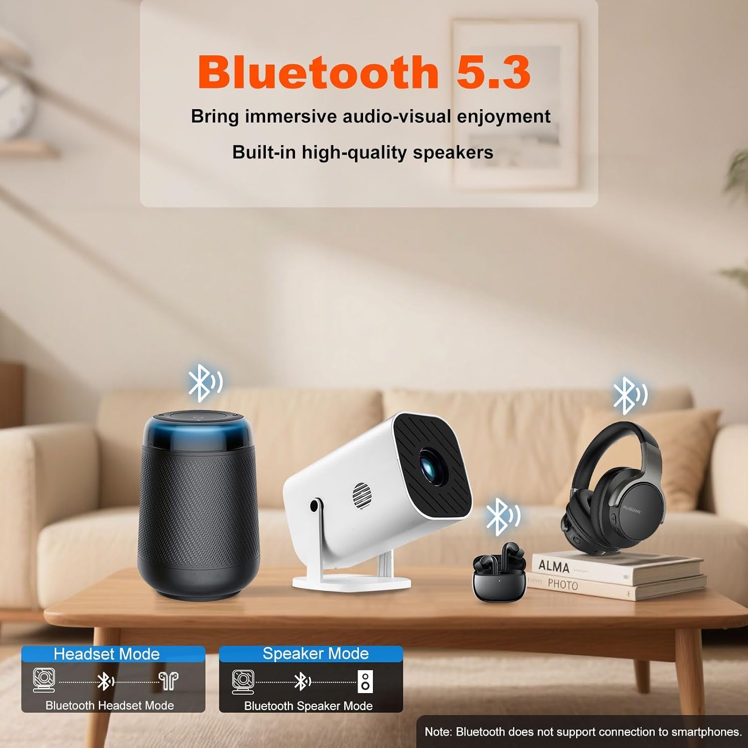 【Built-In APPS & Electric Focusing & 210° Rotation】Mini Projector with Wifi and Bluetooth, 1080P Portable Projector, Movie Projector for Bedroom, Supports Smartphones/Tv Stick/Ipad/Ps5/Laptop/Hdmi/Usb