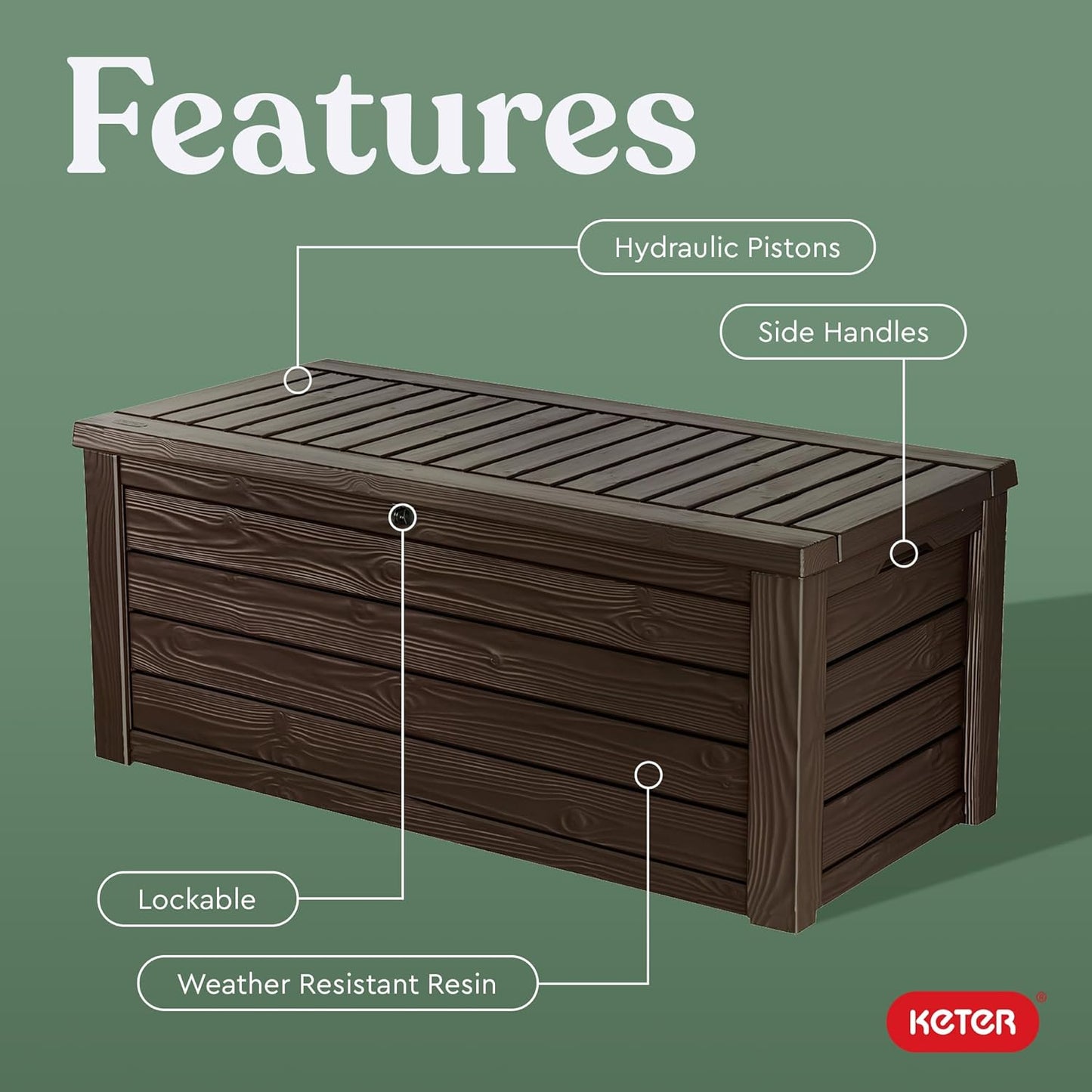 Keter 150 Gallon Resin Large Deck Box Organization and Storage Box for Patio, Outdoor Cushions, Garden Tools, Brown | Brown, Resin, Large, Weatherproof, Lockable, Hydraulic Pistons, Easy Assembly, Organization, Patio Cushions Storage