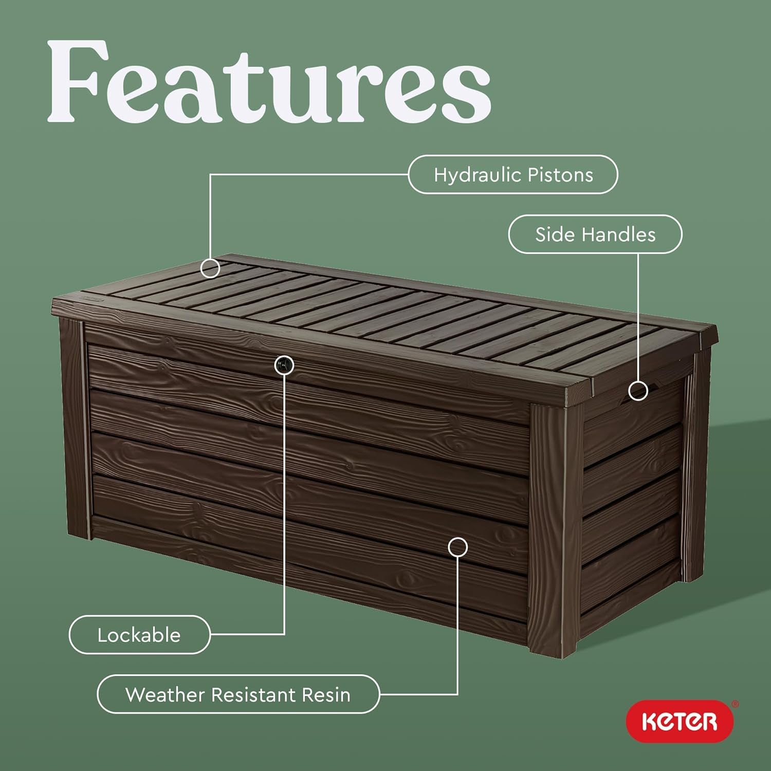 Keter 150 Gallon Resin Large Deck Box Organization and Storage Box for Patio, Outdoor Cushions, Garden Tools, Brown | Brown, Resin, Large, Weatherproof, Lockable, Hydraulic Pistons, Easy Assembly, Organization, Patio Cushions Storage