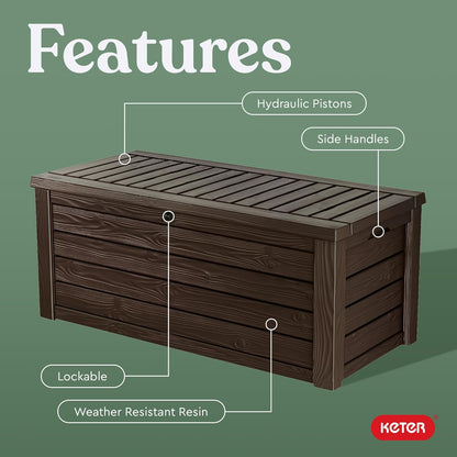 Keter 150 Gallon Resin Large Deck Box Organization and Storage Box for Patio, Outdoor Cushions, Garden Tools, Brown | Brown, Resin, Large, Weatherproof, Lockable, Hydraulic Pistons, Easy Assembly, Organization, Patio Cushions Storage