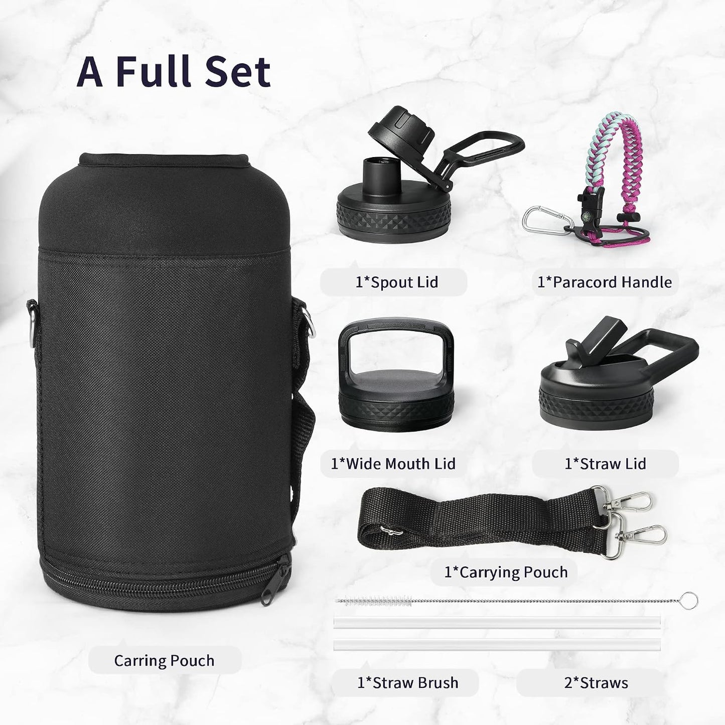 Insulated Water Bottle 64 Oz, Half Gallon Metal Vacuum Water Jug with Paracord Handle and 3 Lids, Leakproof Bpa-Free Flask for Gym Sports Hiking Travel, Keep Cold 48 Hours, Rose Red