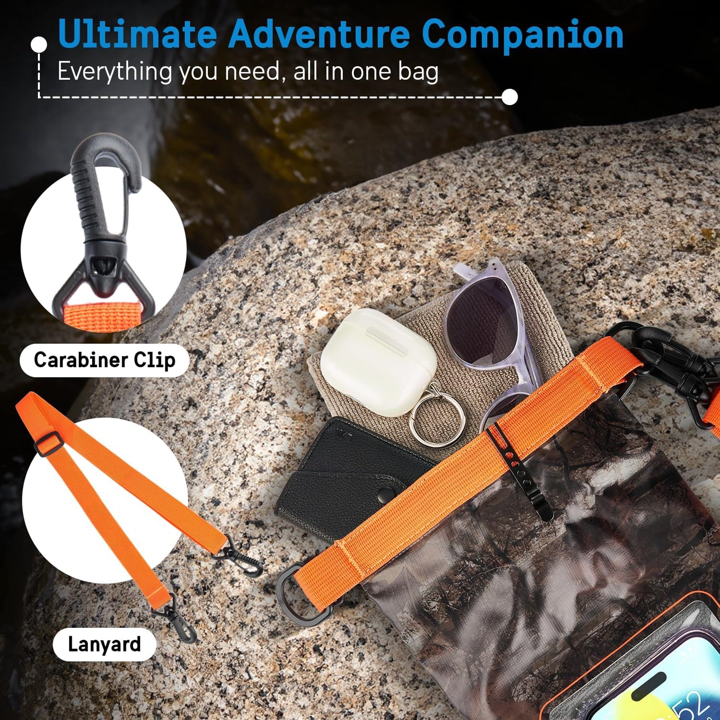 Pelican Marine IP68 Waterproof Dry Bag 2L W/Phone Pouch/Case - Hunter Camo | Roll Top Waterproof Backpack with Touchscreen Phone Pouch - Swimming, Kayaking, Camping, Rafting, Fishing & Travel Essentials