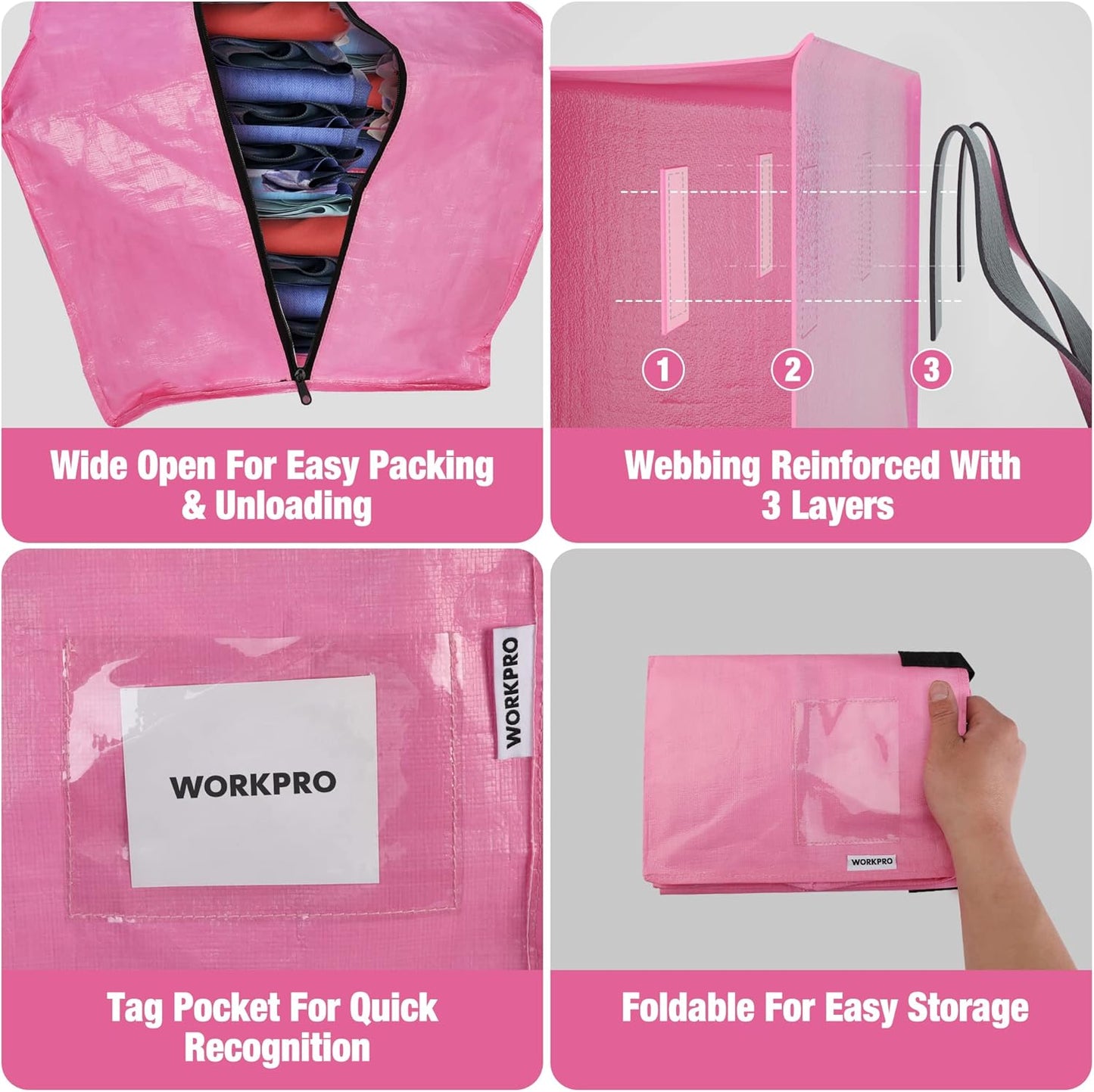 6 Pack Extra Large Moving Bags with Zippers & Carrying Handles Backpack Straps, Heavy-Duty Storage Tote for Space Saving Moving Storage (Pink)