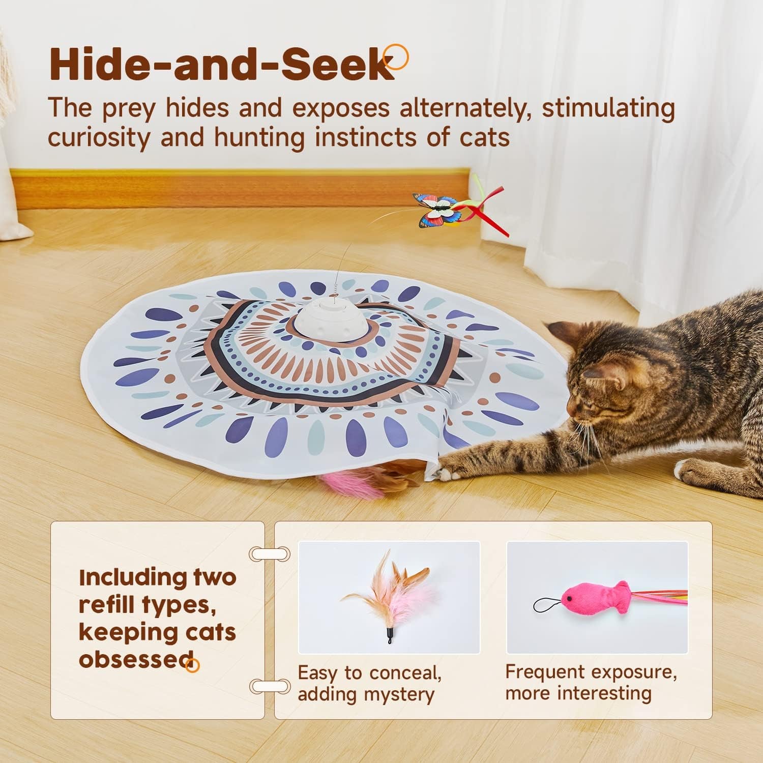 Cat Toys Chargeable, 3In1 Hide and Seek for Kittens, Interactive Automatic Play, Fluttering Butterfly, Moving Wand Feather, Indoor Kitty Exercise 22.8 Inch Cover for All Breeds | Automatic Play, Fluttering Butterfly, Moving Wand Feather, Indoor Kitten Exercise 22.8 Inch Cover for All Breeds