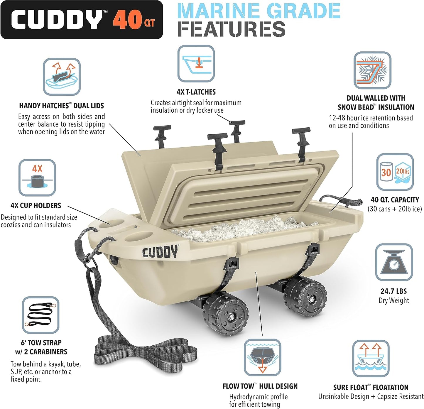 CUDDY Crawler Cooler with Wheels – 40 QT Amphibious Floating Cooler and Dry Storage Vessel - Orange, Navy, Tan, or White