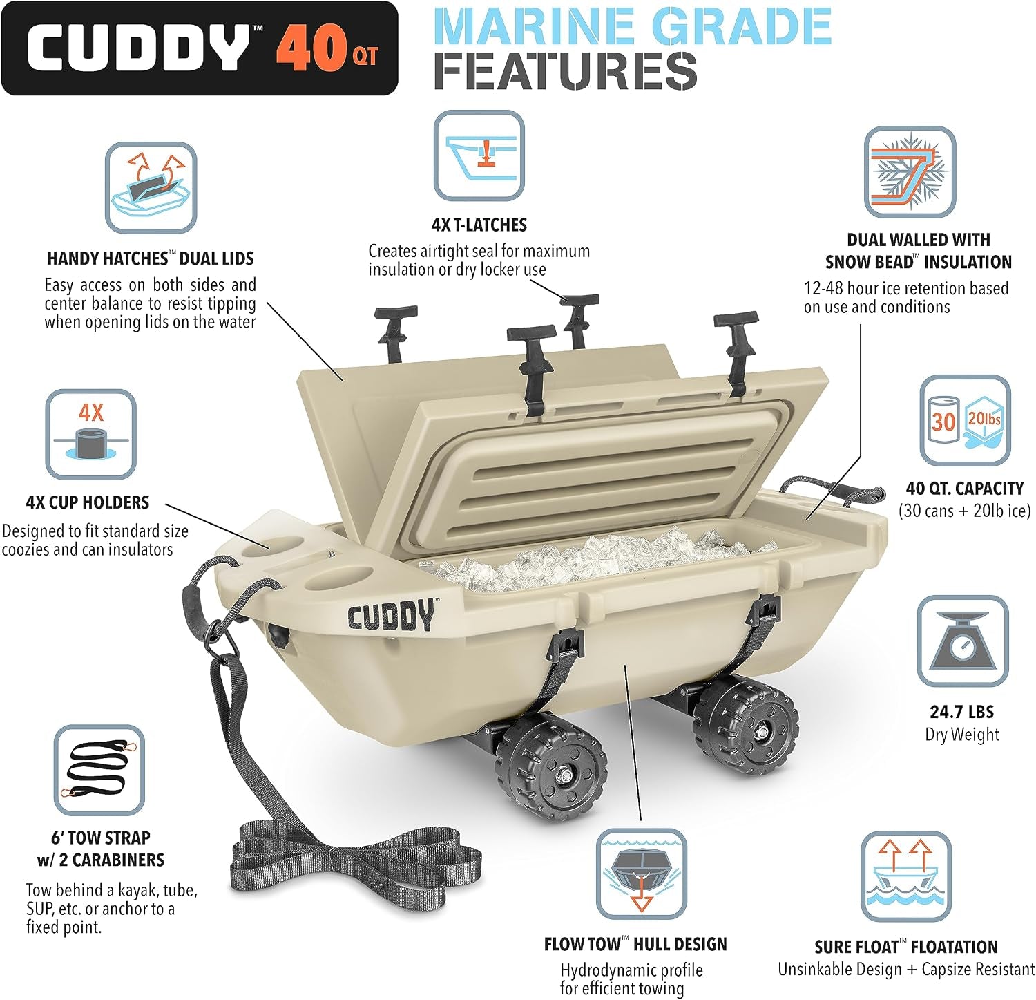 CUDDY Crawler Cooler with Wheels – 40 QT Amphibious Floating Cooler and Dry Storage Vessel - Orange, Navy, Tan, or White