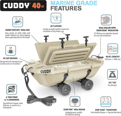 CUDDY Crawler Cooler with Wheels – 40 QT Amphibious Floating Cooler and Dry Storage Vessel - Orange, Navy, Tan, or White